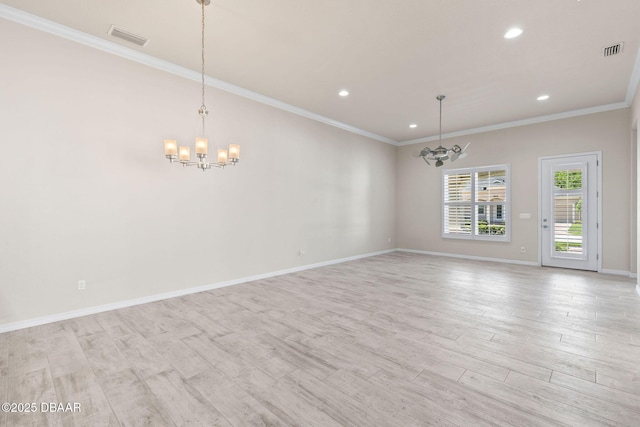 3402 Torre Blvd, New Smyrna Beach, FL 32168 - unfurnished room featuring a chandelier, ornamental molding, recessed lighting, light wood-style flooring, and baseboards