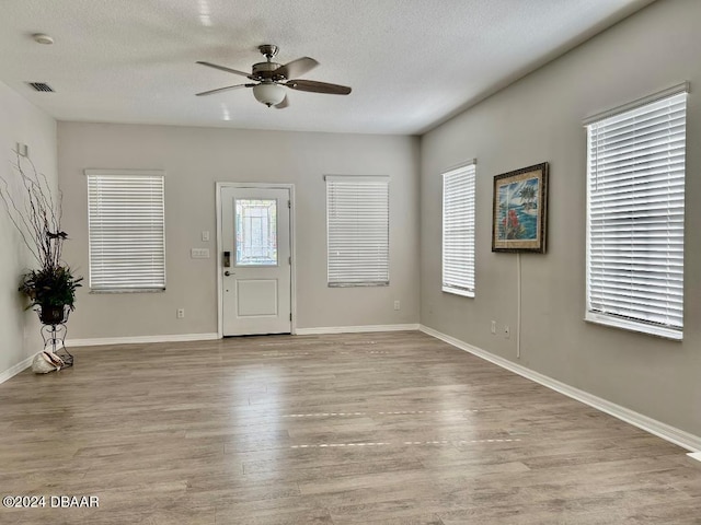 entrance foyer with light wood-type flooring, a textured ceiling, and a wealth of natural light