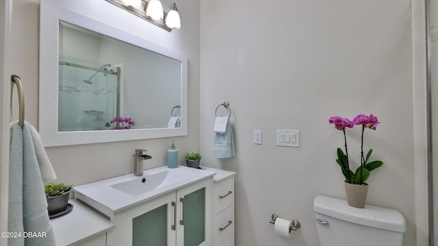 bathroom with vanity, toilet, and walk in shower