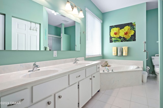 full bathroom with toilet, plus walk in shower, vanity, and tile patterned flooring