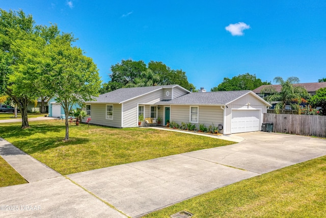 1245 Thomas Dr, Port Orange, FL 32129 - ranch-style home with fence, a garage, roof with shingles, a front lawn, and concrete driveway