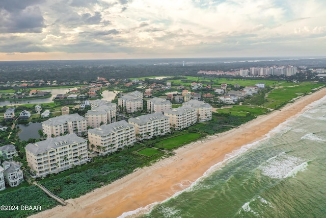 drone / aerial view with a water view and a view of the beach