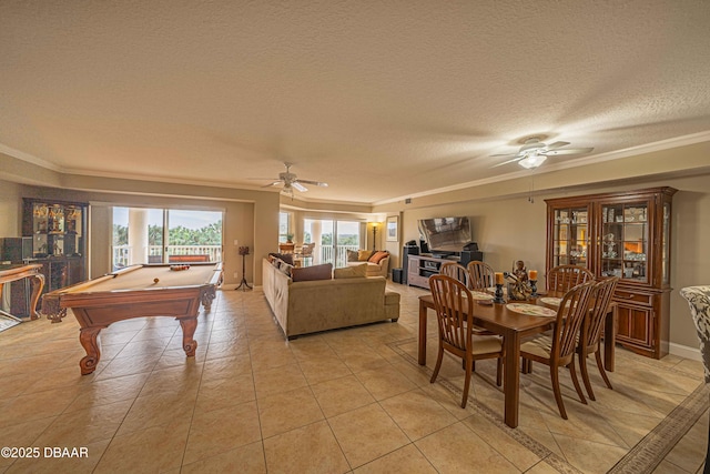 dining space featuring light tile patterned flooring, ceiling fan, a textured ceiling, and pool table