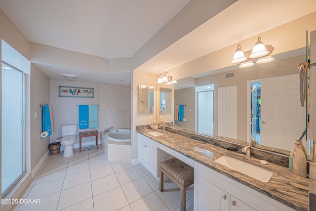 full bathroom with toilet, vanity, independent shower and bath, and tile patterned flooring