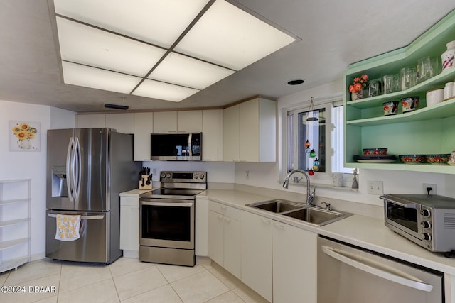 kitchen featuring white cabinets, stainless steel appliances, sink, and light tile patterned floors