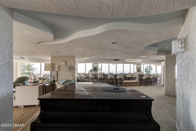 kitchen featuring a textured ceiling, light carpet, and a healthy amount of sunlight