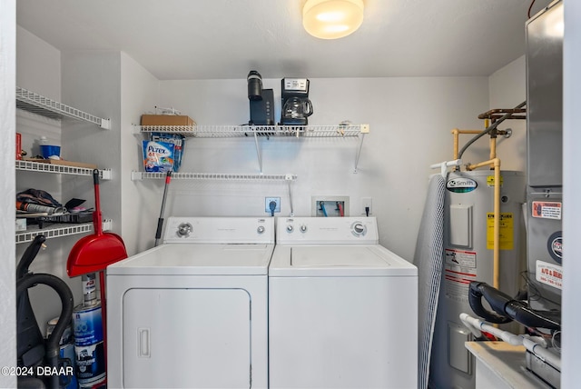 laundry room with electric water heater and washer and clothes dryer