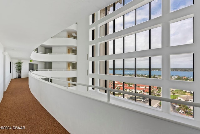 hall featuring a high ceiling, a water view, carpet, and a healthy amount of sunlight