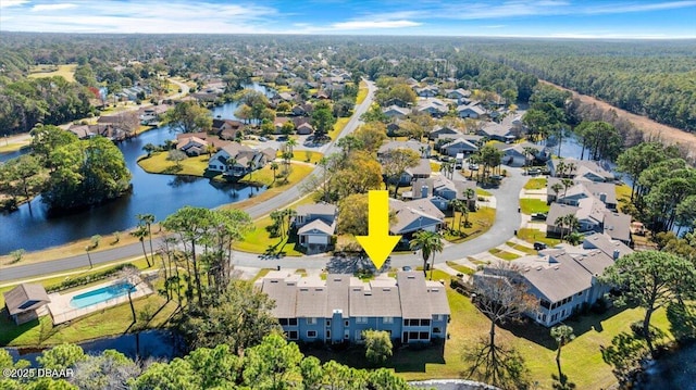 drone / aerial view featuring a water view