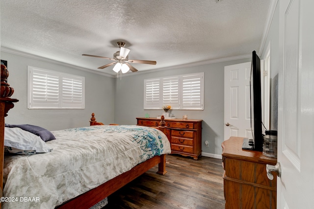 bedroom featuring ornamental molding, a textured ceiling, dark hardwood / wood-style floors, and ceiling fan