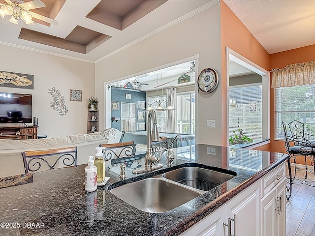 1840 Tara Marie Ln, Port Orange, FL 32128 - kitchen with a ceiling fan, a sink, open floor plan, coffered ceiling, and crown molding