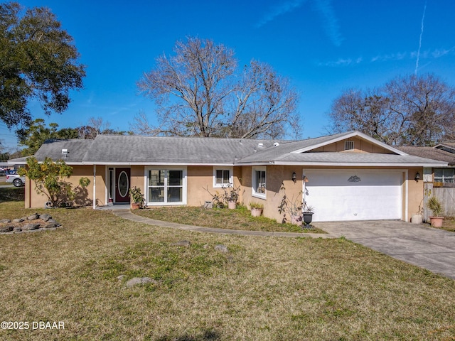 ranch-style house featuring a garage and a front lawn