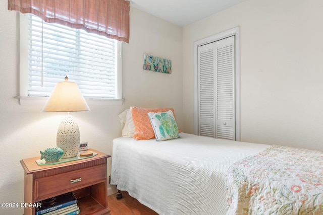 bedroom with hardwood / wood-style floors and a closet