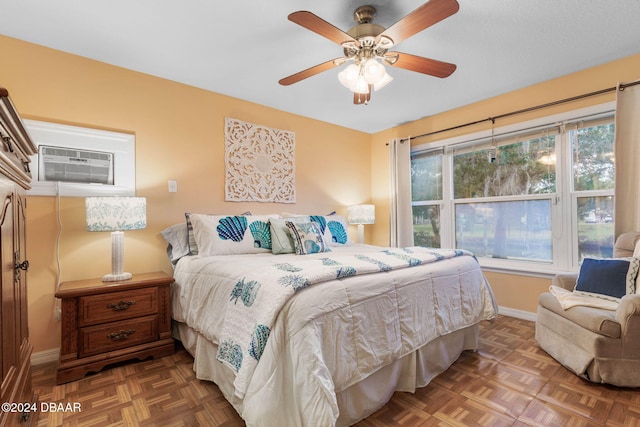 bedroom featuring parquet flooring, a wall mounted AC, and ceiling fan