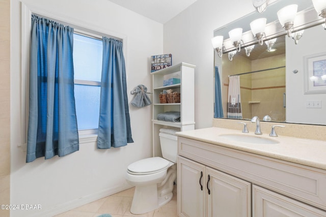 bathroom with a shower with shower curtain, vanity, toilet, and tile patterned floors