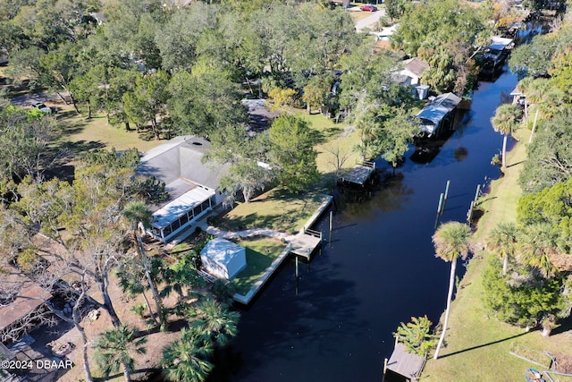 bird's eye view with a water view