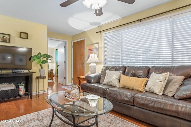 living room with wood-type flooring and ceiling fan