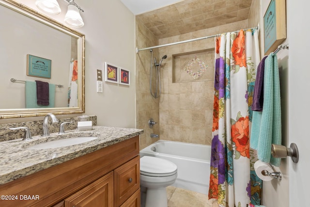 full bathroom with vanity, toilet, and shower / tub combo with curtain