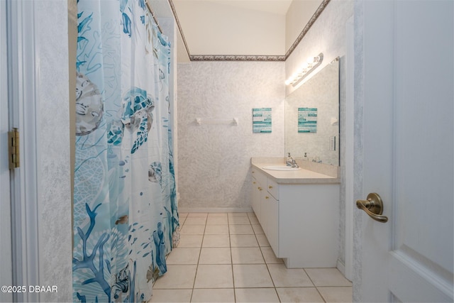 2953 Wild Pecan Ct, Port Orange, FL 32129 - bathroom featuring vanity, tile patterned floors, and a shower with shower curtain