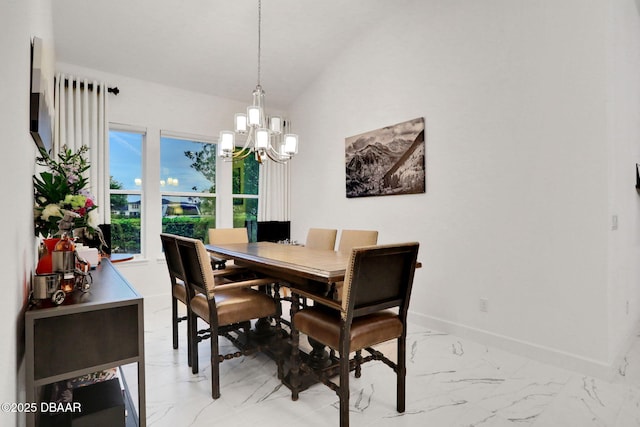 6294 W Fallsgrove Ln, Port Orange, FL 32128 - dining space featuring light marble finish floors, a chandelier, and lofted ceiling