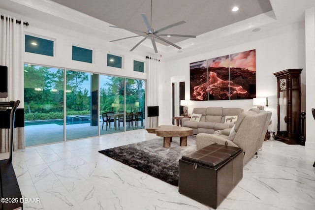 6294 W Fallsgrove Ln, Port Orange, FL 32128 - living room with marble finish floors, ceiling fan, recessed lighting, and a high ceiling