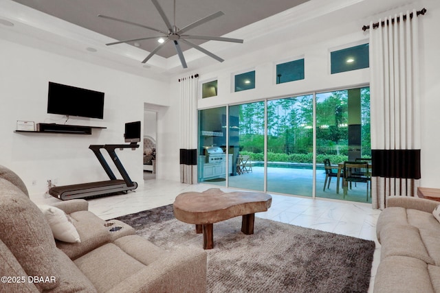 6294 W Fallsgrove Ln, Port Orange, FL 32128 - living room featuring marble finish flooring, a ceiling fan, and a towering ceiling