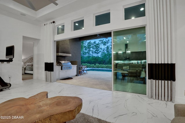 6294 W Fallsgrove Ln, Port Orange, FL 32128 - bedroom featuring marble finish flooring, access to exterior, a towering ceiling, and recessed lighting