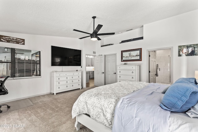 bedroom with carpet floors, ceiling fan, a textured ceiling, and lofted ceiling