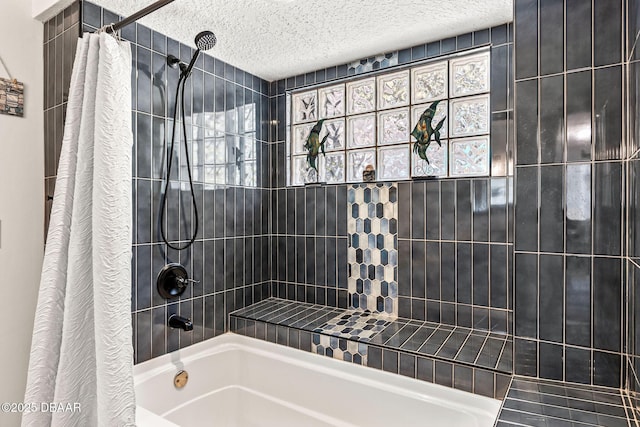 bathroom with shower / bath combination with curtain and a textured ceiling