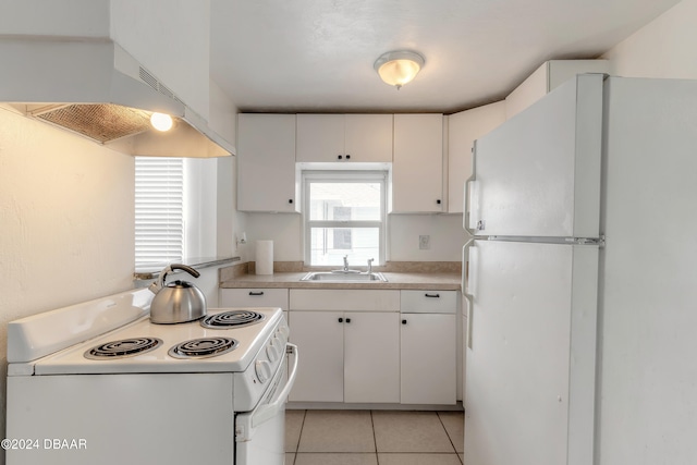 kitchen with sink, light tile patterned floors, ventilation hood, white cabinetry, and white appliances