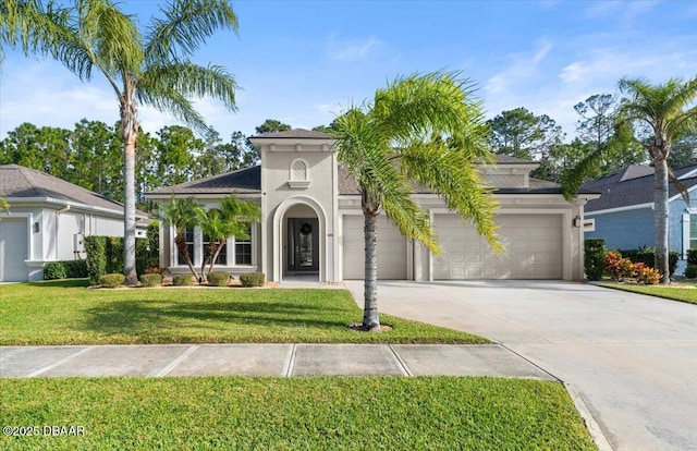 mediterranean / spanish house featuring a garage and a front lawn