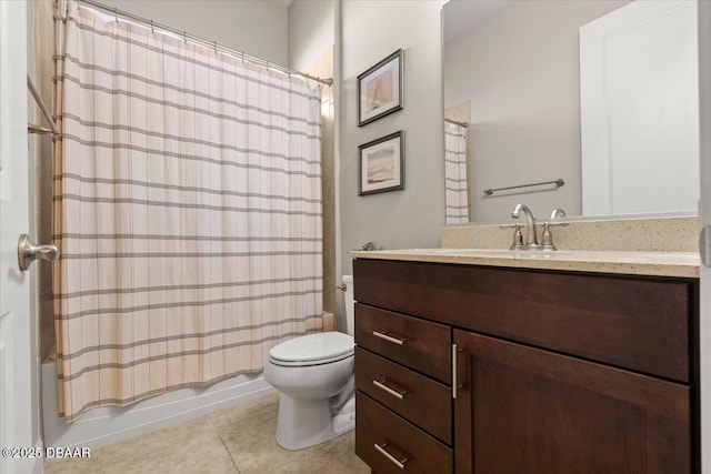 full bathroom with tile patterned flooring, vanity, shower / tub combo, and toilet