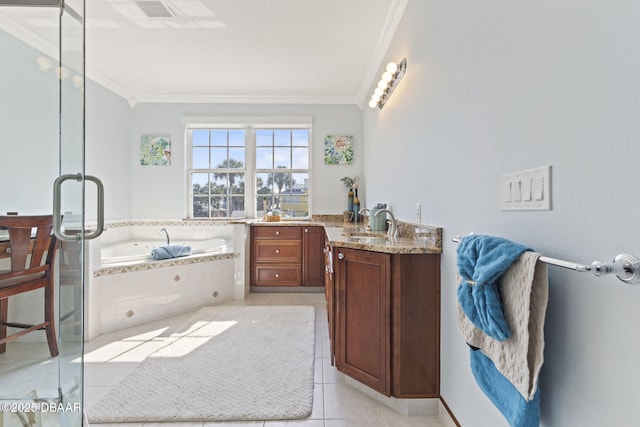 4210 S Peninsula Dr, Port Orange, FL 32127 - full bath with ornamental molding, vanity, a garden tub, tile patterned floors, and a shower stall