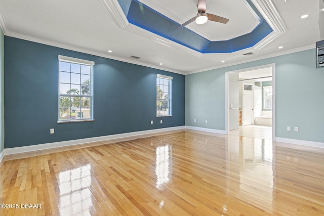 4210 S Peninsula Dr, Port Orange, FL 32127 - spare room featuring ceiling fan, light wood-style flooring, crown molding, baseboards, and recessed lighting