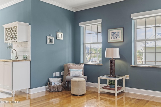4210 S Peninsula Dr, Port Orange, FL 32127 - living area featuring light wood-style flooring, healthy amount of natural light, bar with sink, crown molding, and baseboards