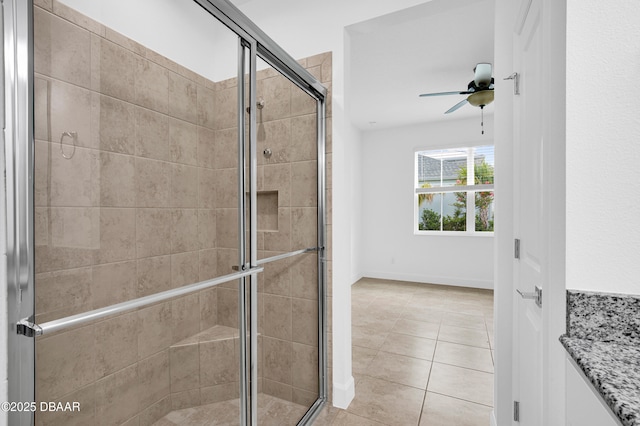 623 Margaritaville Ave, Daytona Beach, FL 32124 - bathroom featuring a shower stall, tile patterned floors, ceiling fan, and vanity