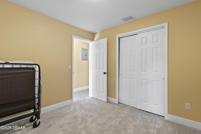 exercise area with light carpet and electric panel