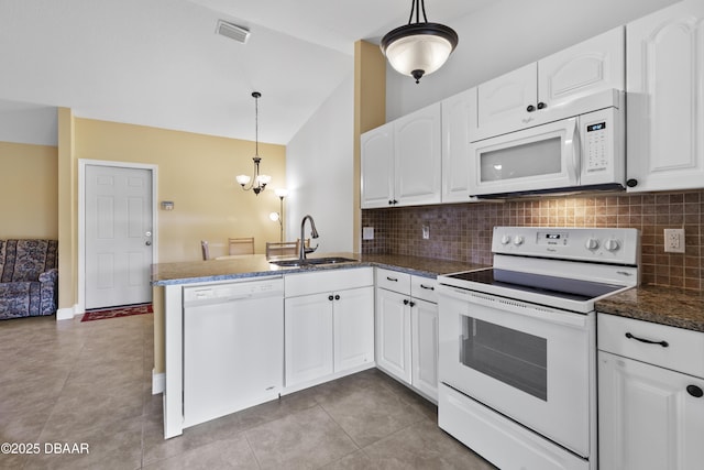 kitchen featuring white cabinetry, sink, hanging light fixtures, and white appliances