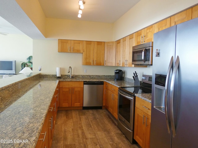 kitchen with dark wood finished floors, open floor plan, appliances with stainless steel finishes, stone countertops, and a sink