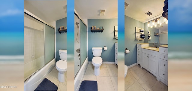 bathroom featuring tile patterned flooring, vanity, toilet, visible vents, and combined bath / shower with glass door