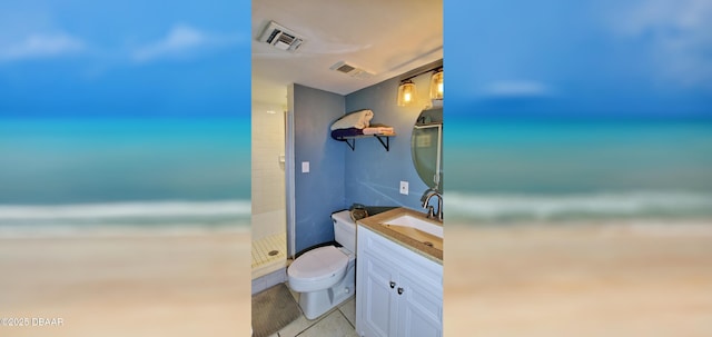 full bath with visible vents, toilet, vanity, and a shower stall