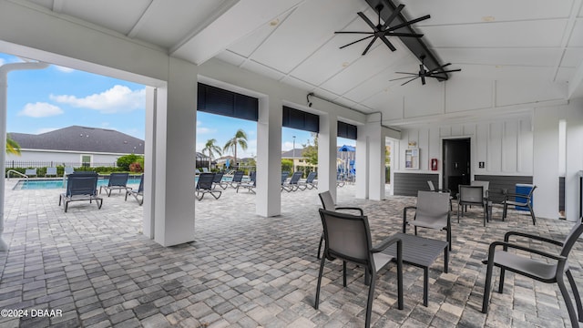 view of patio featuring ceiling fan