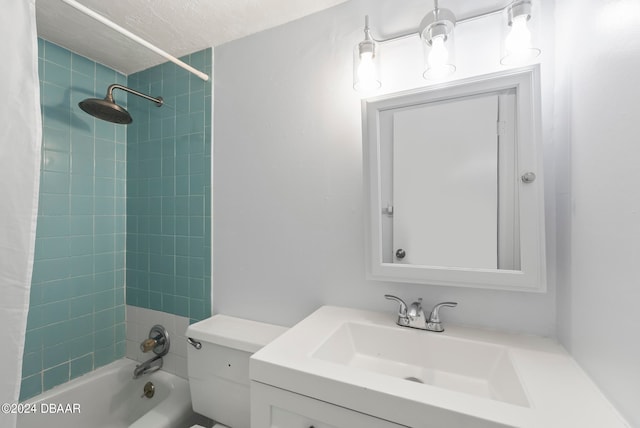 full bathroom featuring shower / bath combination with curtain, toilet, a textured ceiling, and vanity