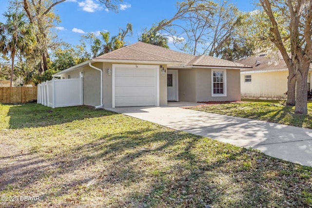 ranch-style house with stucco siding, driveway, a garage, and fence