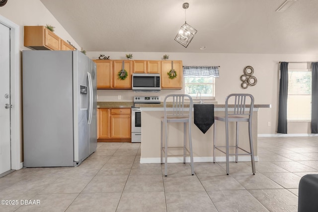 kitchen with a wealth of natural light, appliances with stainless steel finishes, and light brown cabinets