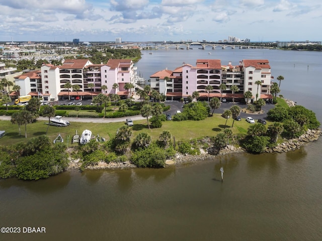 aerial view featuring a water view