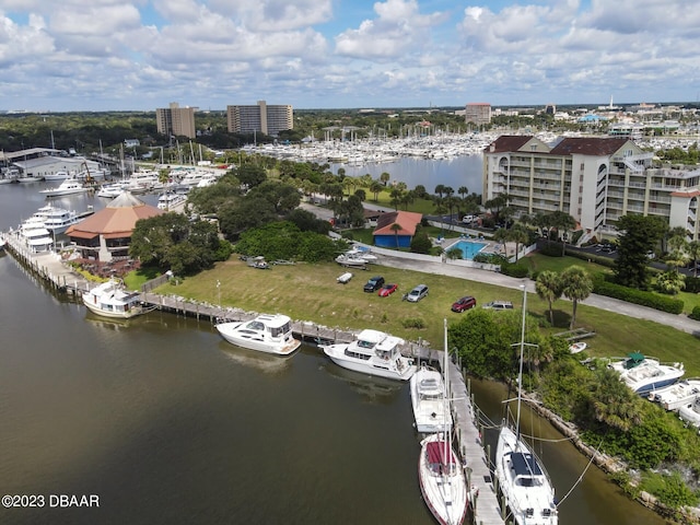 drone / aerial view featuring a water view