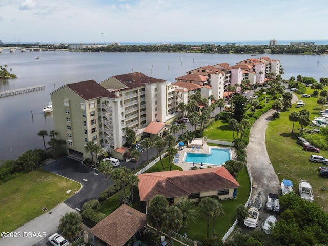 drone / aerial view featuring a water view