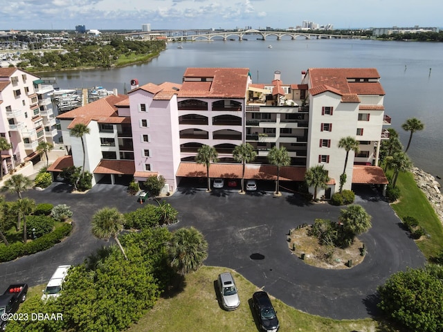 view of building exterior featuring a water view