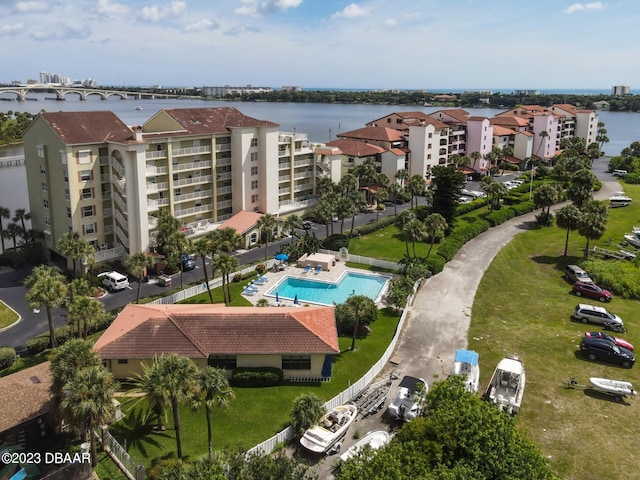 drone / aerial view with a water view